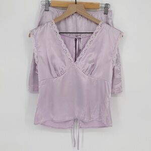 Lavender Satin Sleeveless Top with matching mini skirt